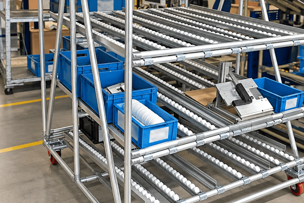 Aluminium pipe carton flow racking system with gravity roller lanes for boxes and small parts.