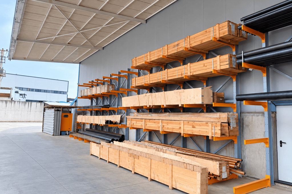 Cantilever racking system for storing long and bulky materials such as pipes, profiles and timber.