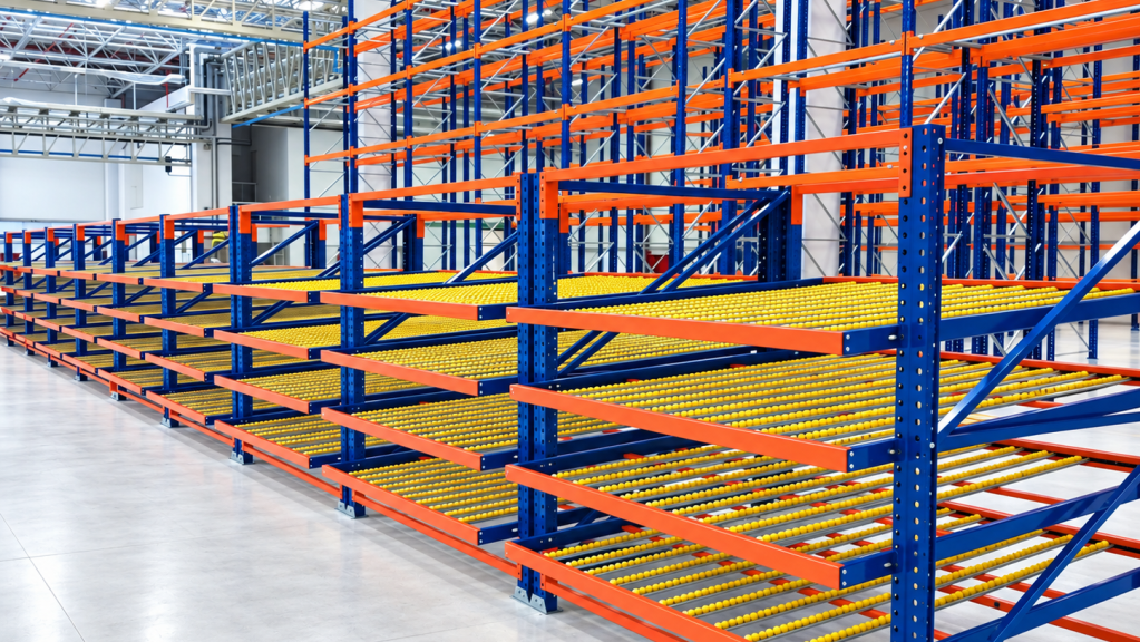 Steel-frame carton flow racking with gravity roller tracks