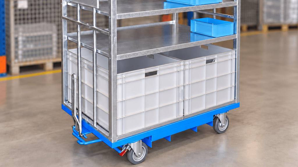 Industrial material handling trolley with metal frame and castor wheels