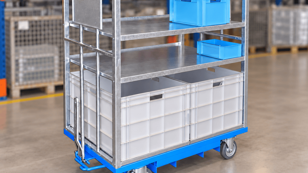 Industrial material handling trolley with shelves and swivel castors for production logistics