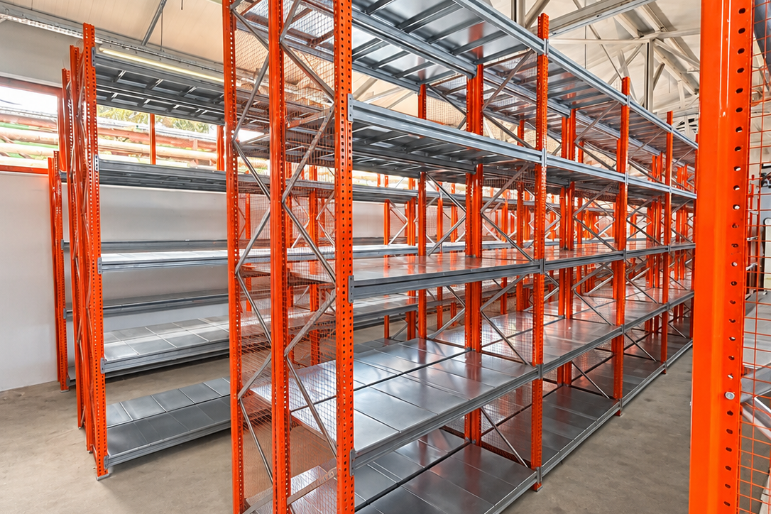 Light duty storage racks with multi-level steel shelves for boxes, parts and lightweight goods.