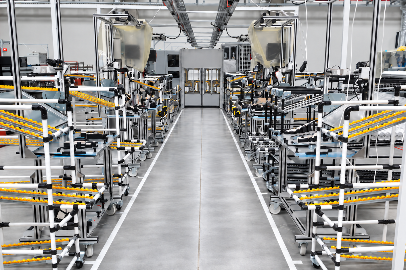 Pipe and joint carton flow racking system with gravity roller lanes in an industrial production area.