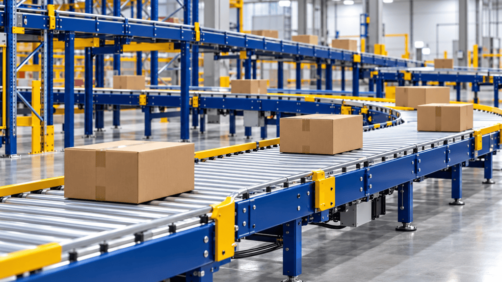Powered roller conveyor system transporting boxes