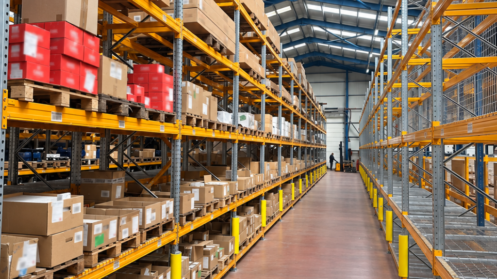 Industrial pallet racking systems in a warehouse