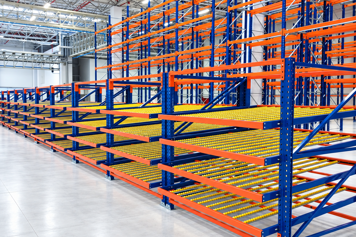Steel-frame carton flow racking system with gravity roller lanes for efficient order picking.